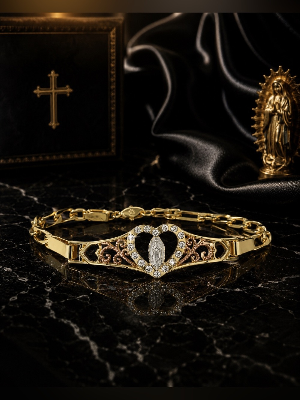 Gold Virgin Mary Heart Bracelet with Rhinestone Accents